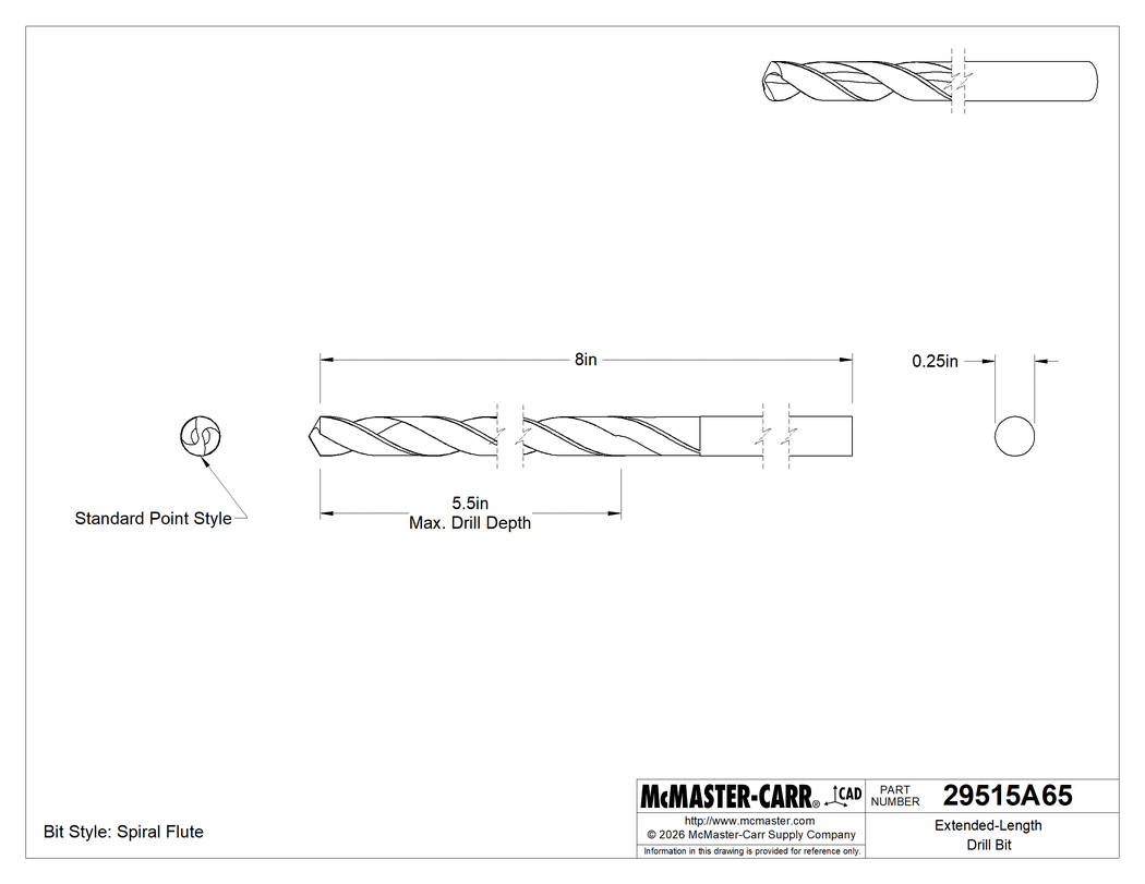 Technical Drawing of Extended-Length Drill Bit, Uncoated High-Speed Steel, 1/4" Size, 8" Overall Length.